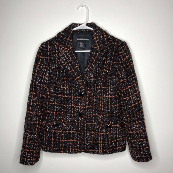 Requirements Jackets & Blazers - Requirements Womens Orange & Black Notch Lapel Boucle Tweed Blazer Size 10